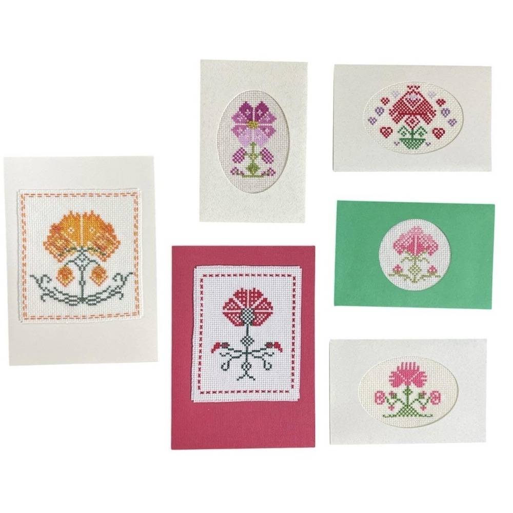 Handmade Cross-Stitched Greeting Cards with Envelope Flower Theme Set of 6
